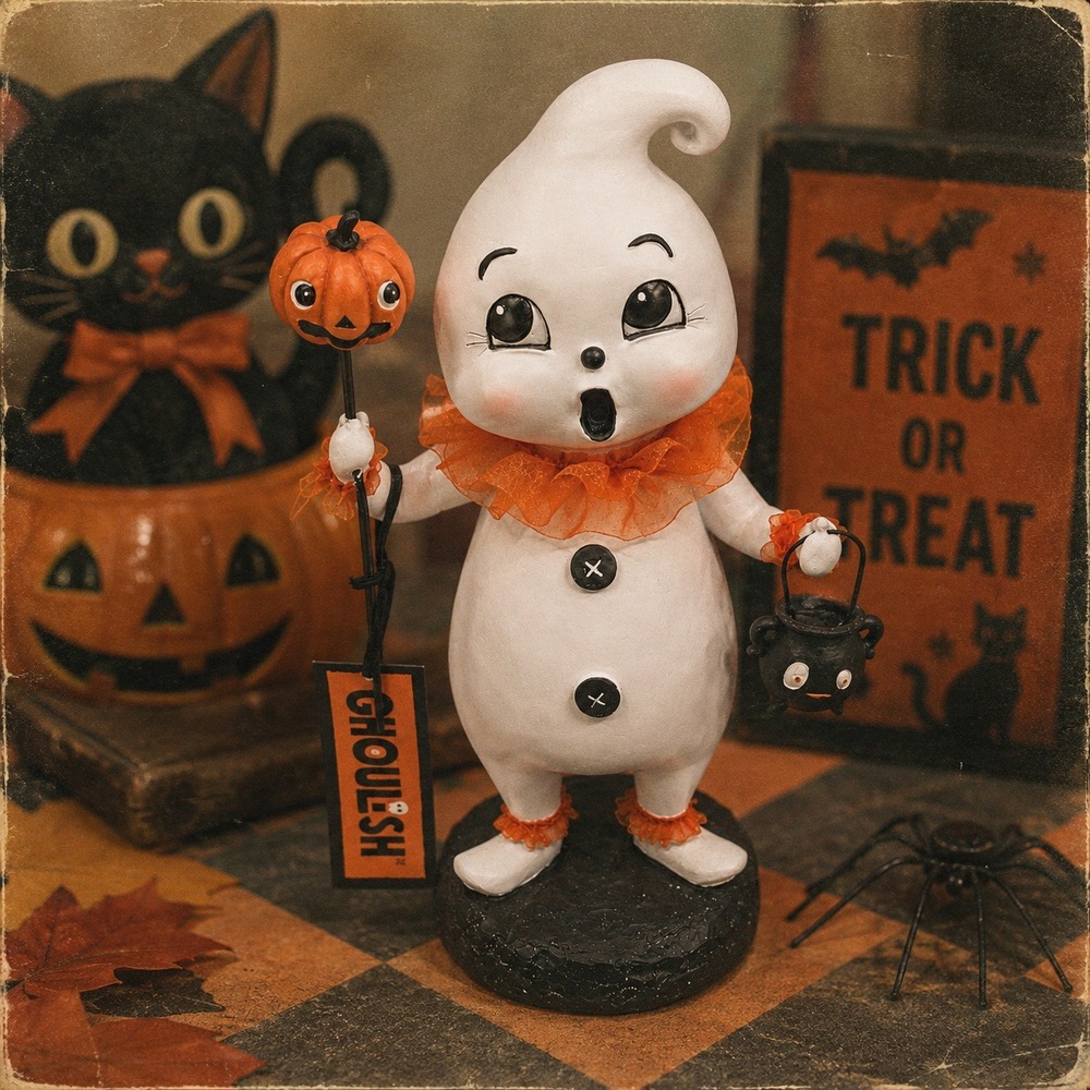 Ghoulish Halloween Ghost Figurine Vintage Style Clown Ruffle Pumpkin NEW